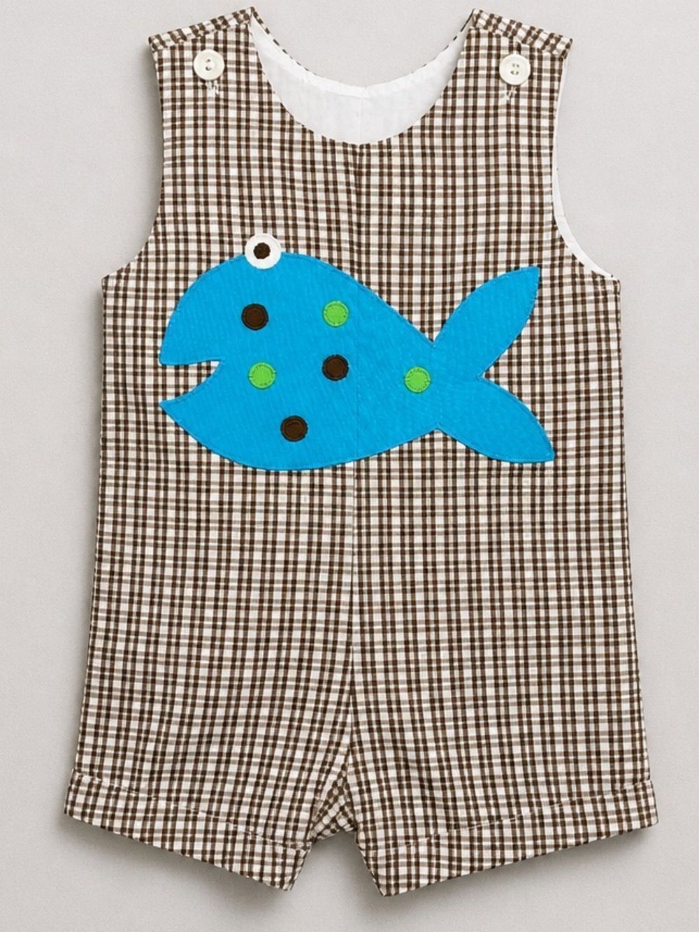 Fantasia Too brown and blue romper Searsucker with fish appliqué size 12 months